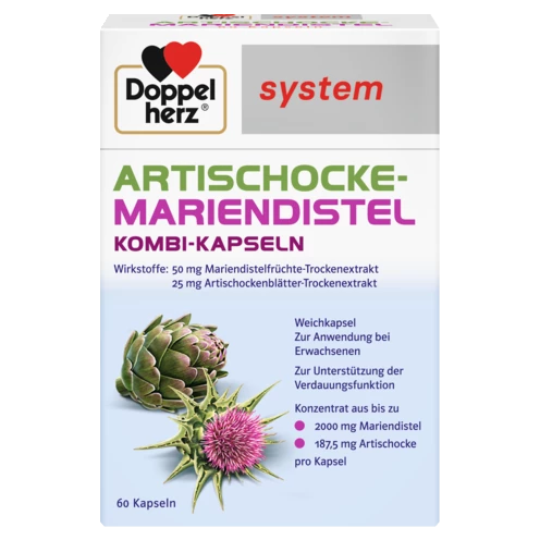 Abbildung der Produktverpackung Doppelherz system ARTISCHOCKE-MARIENDISTEL KOMBI-KAPSELN Frontansicht